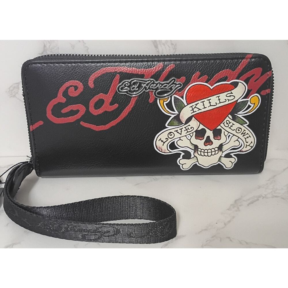 Ed Hardy Black Wallet with Red Script & Red Heart Skull Graphic
